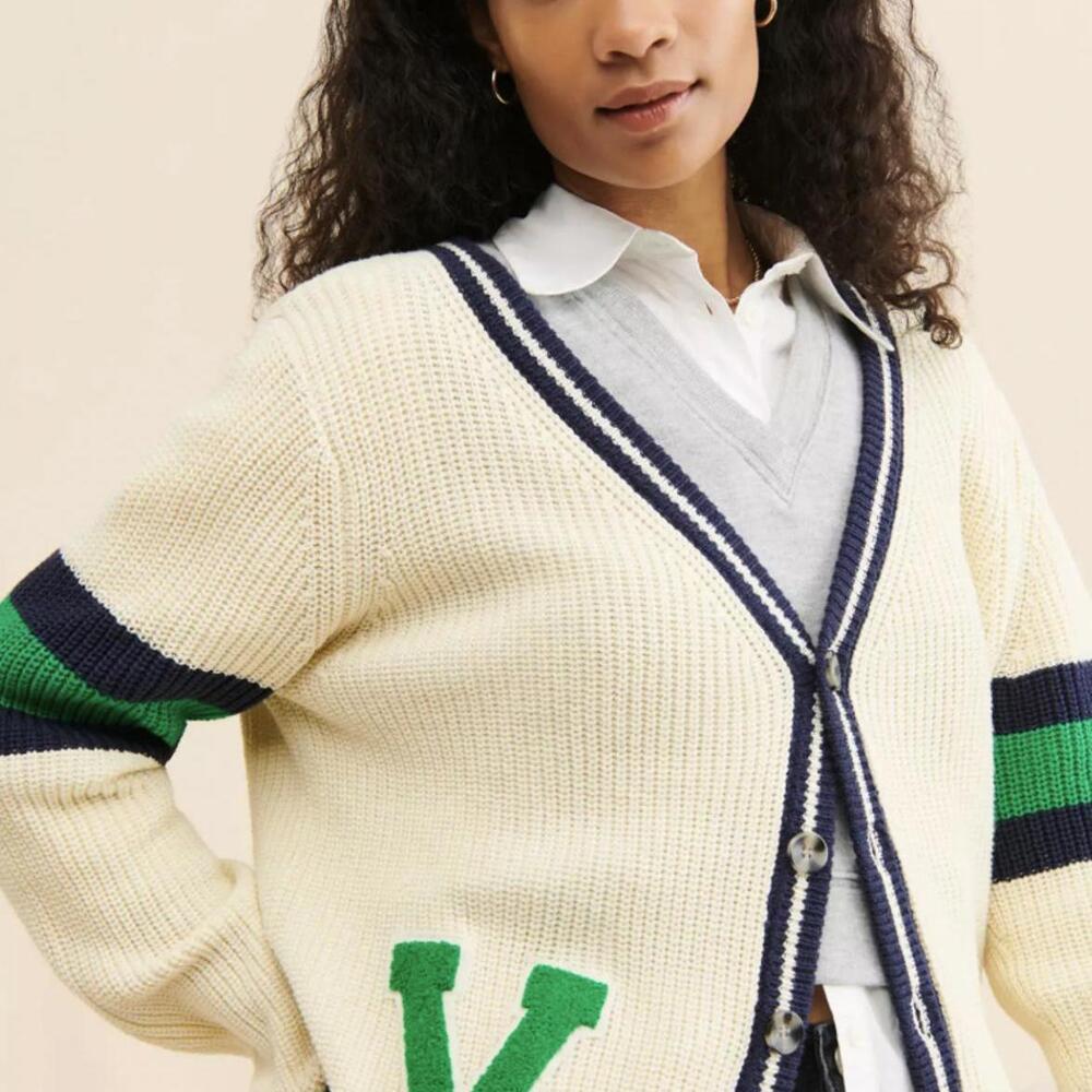 Callahan from Anthropologie Cream & Green Oversized Preppy Cardigan - Size - XS